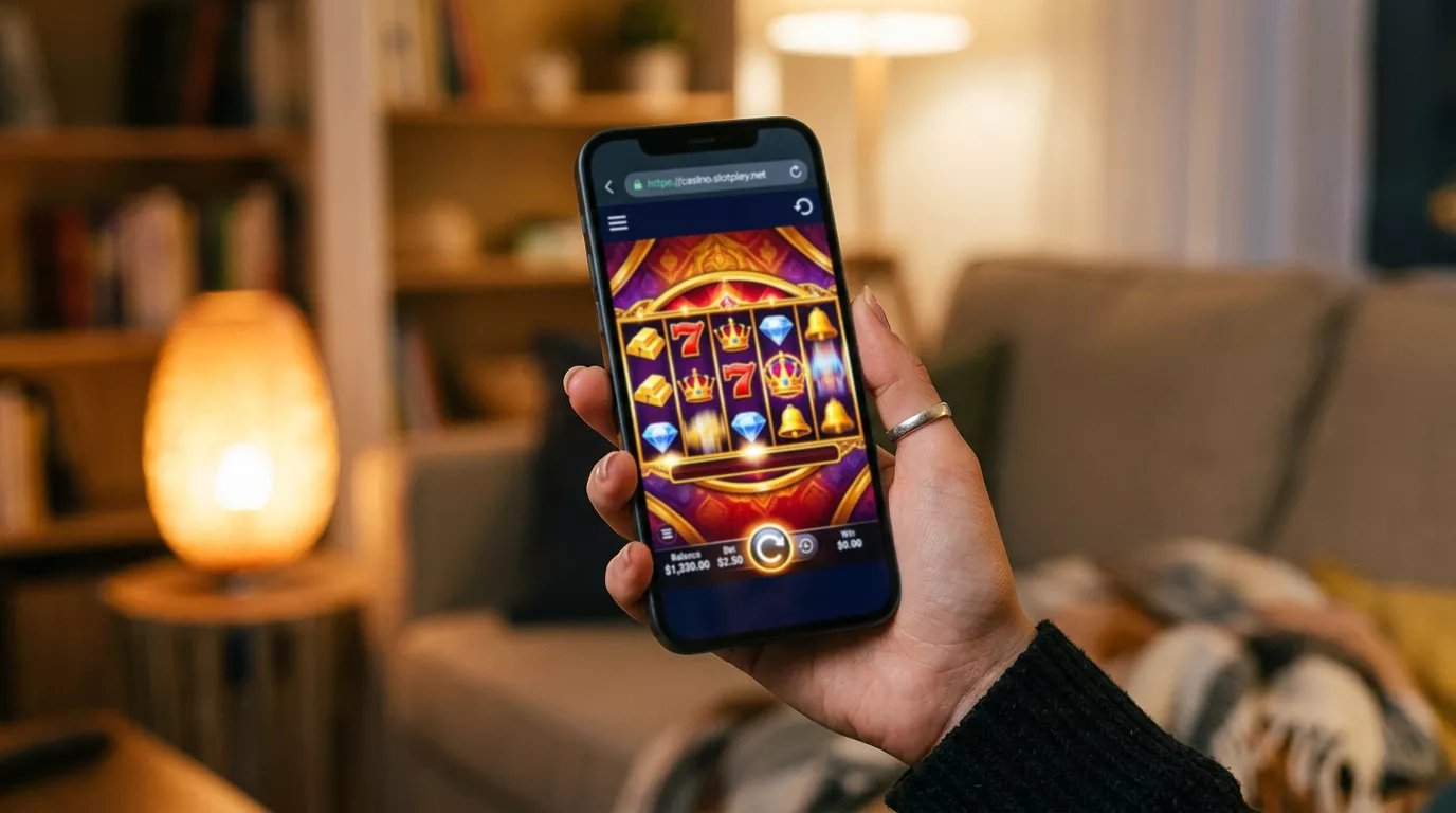 Smartphone held in hand displaying an online casino slot game running in a mobile browser with visible navigation controls