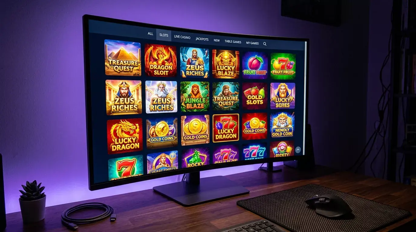 Online casino game lobby interface showing slot categories including Megaways, bonus buy and jackpot titles from multiple providers