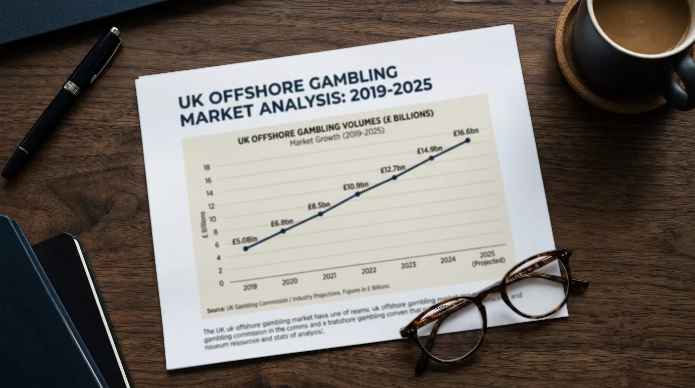 Graph showing UK offshore gambling stakes rising from 5 billion to 16.6 billion pounds between 2019 and 2025